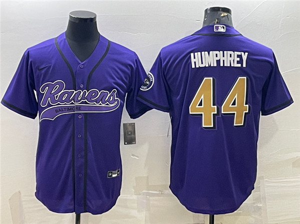 Men's Baltimore Ravens #44 Marlon Humphrey Purple Gold With Patch Cool Base Stitched Baseball Jersey